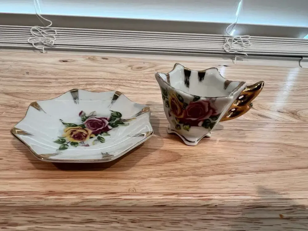 Vintage Enesco Miniature Floral Tea Cup and Saucer with Gold Trim